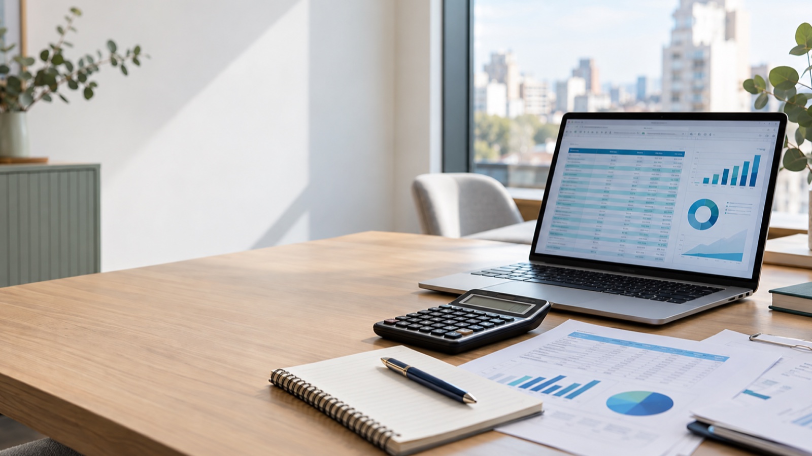 Escritorio de trabajo con informes contables, calculadora y computadora